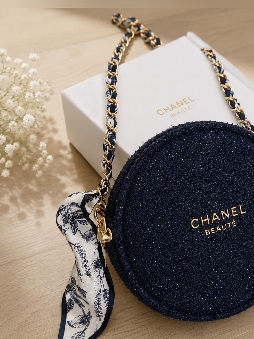 Chanel Beaute Round Navy Blue cosmetic Tweed pouch With Crossbody Chain NIB